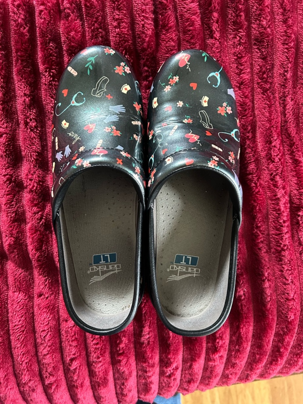 Dansko Black Clog with Multicolor Heart & Floral Accents